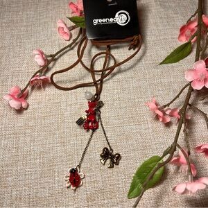 GREEN EARTH Whimsygoth Cottagecore Brown and Red Corded Cat Charm Necklace